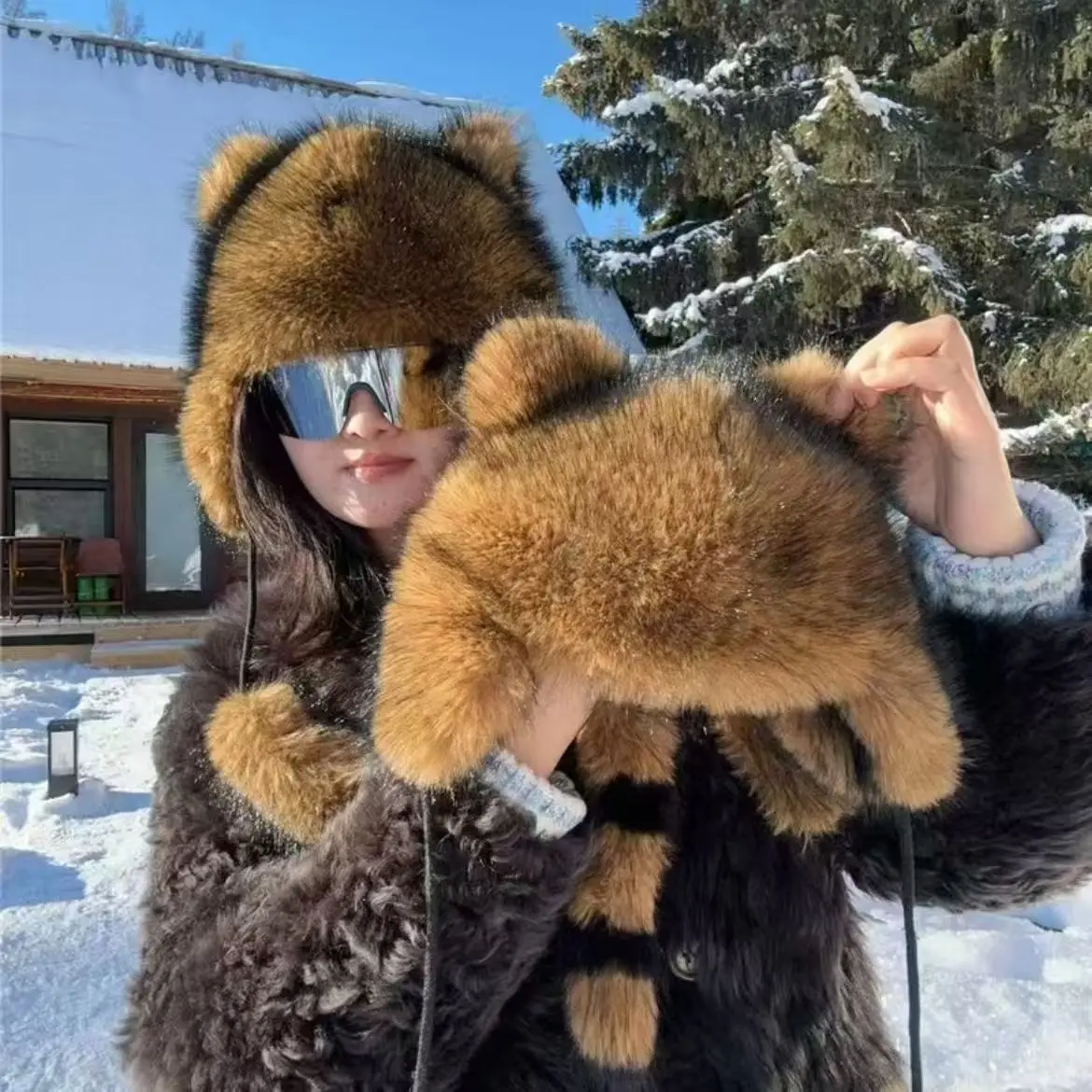 Winter Plüsch Kunstfell-Mütze für Damen Dicke Flauschige Ohrenschutz-Kappe Winddichte Warme Kopfbedeckung Balaclava-Mütze Damen Panama Russische Mütze – Detail 3