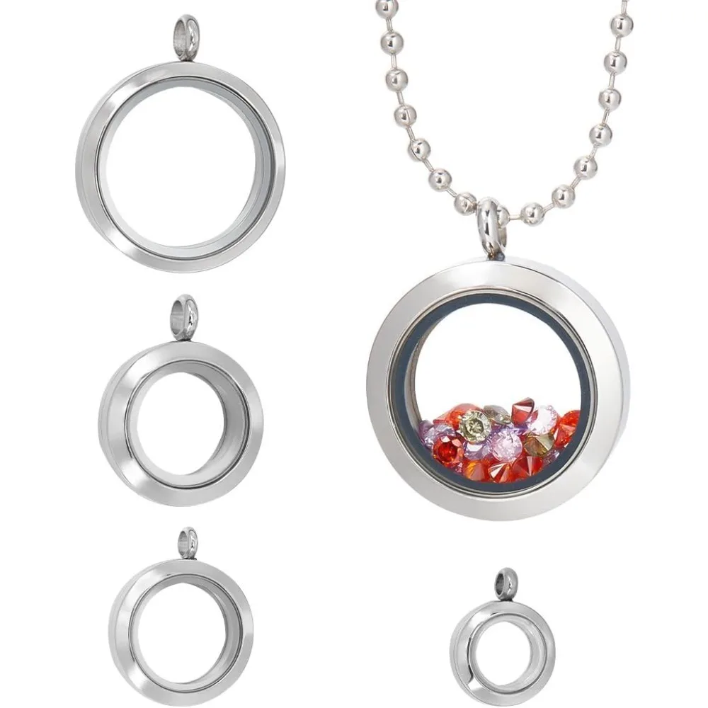 4Pcs 4 Sizes Living Memory Stainless Steel Photo Frame Locket Pendants Flat Round Floating Charm with Glass DIY Accessories