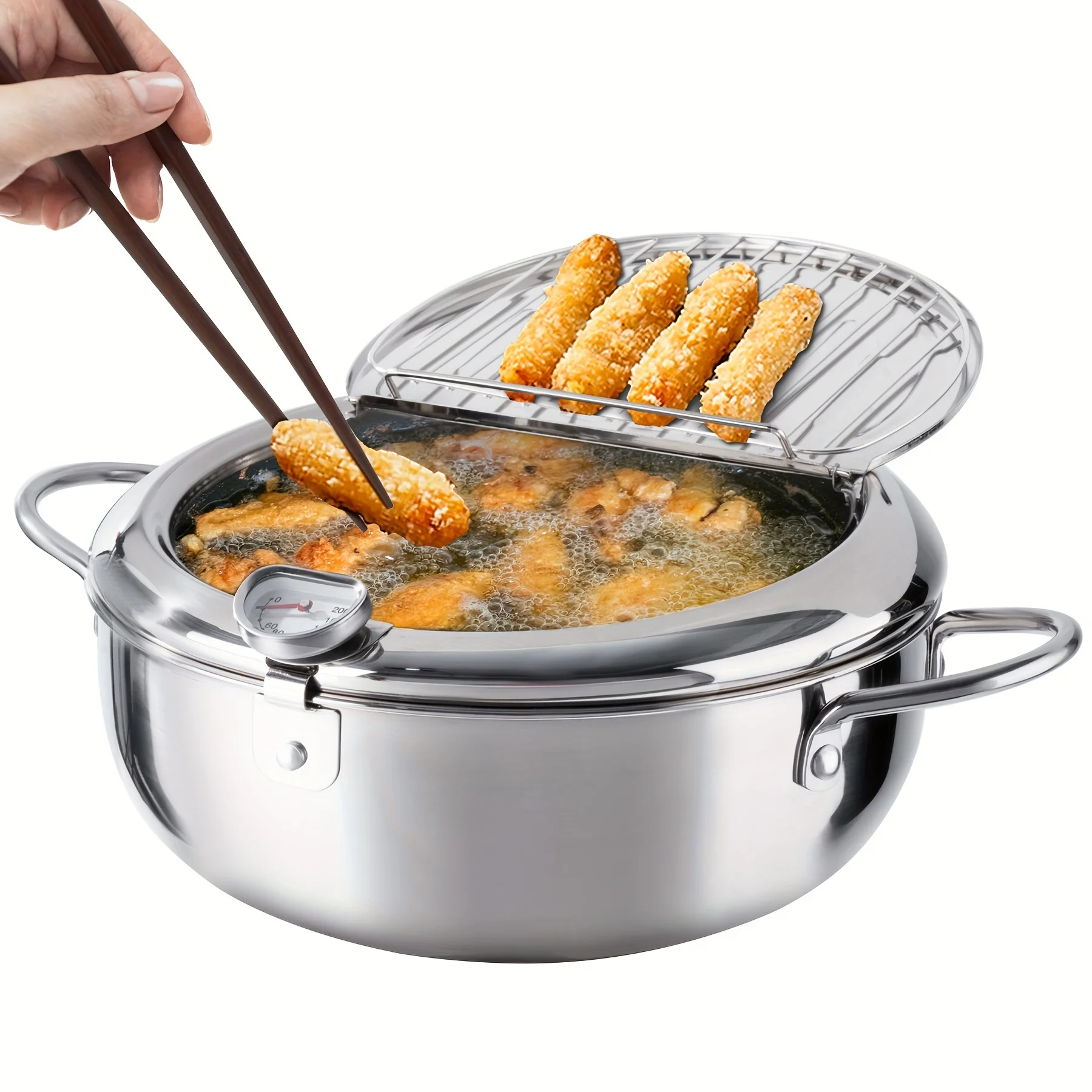 

Japanese Tempura Deep Fryer with Thermometer, Stainless Steel Frying Pan, Healthy Oil Drainage, Large Capacity