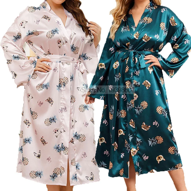 Print Flower Kimono Robe Gown Long Female Bathrobe Oversize Nightgown Summer V-Neck Sleepwear Rayon Sexy Loungewear Lingerie