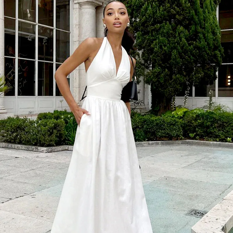 

Tuularose White Tie Long Dress Summer New Sleeveless High Waist Slim a Dress Women's Casual Office Lady Long Dresses