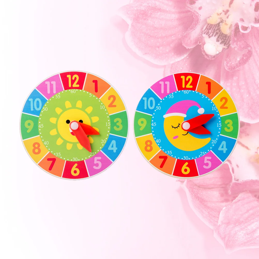 

2 PCS Clock Children's Toys Cartoon Learning for Kids Educational Wood Clocks Wooden