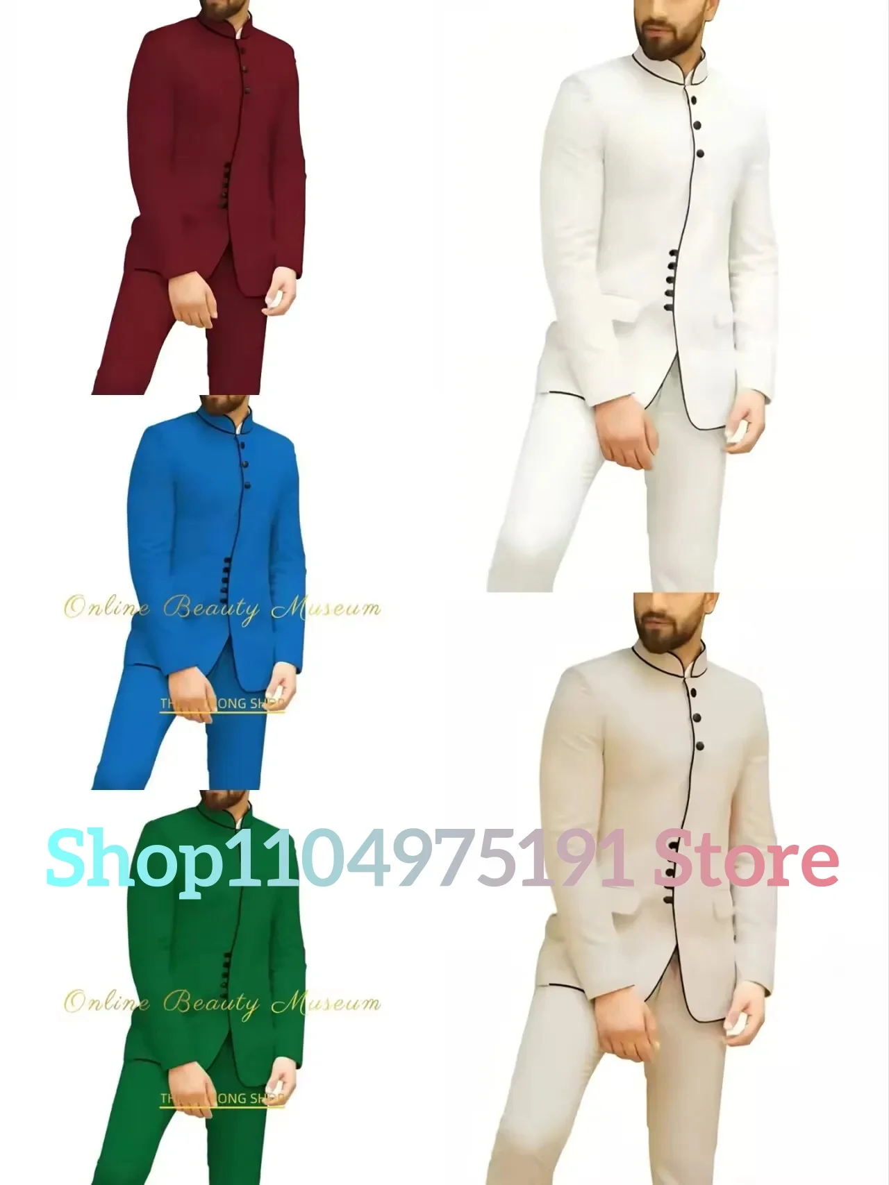 Men's white suit 2-piece jacket pants set black edging stand up collar Arabic African style daily outfit for wedding party