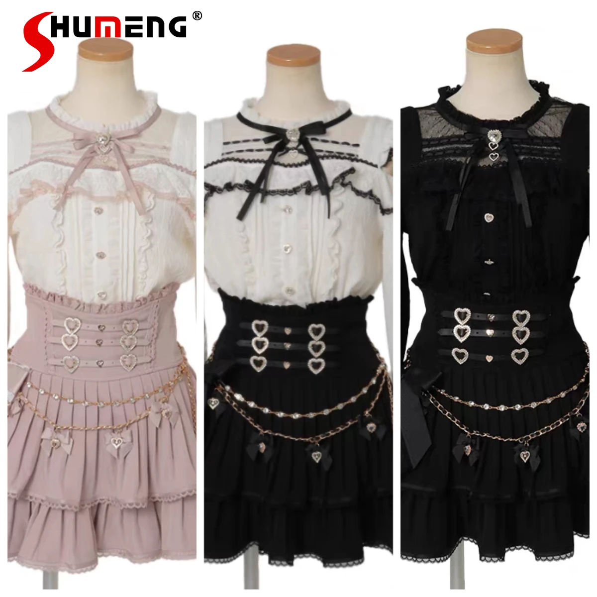 

Japanese Mines Style Mass-Produced Liz Sweet Blouses Lace Patchwork Off-Shoulder Long Sleeve Bow Versatile Lolita Women's Shirts