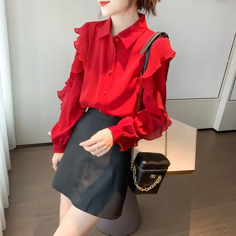 2022 Spring Autumn Red Elegant Fashion Ruffles Long Sleeve Shirt Top Women Polo-neck Cardigan Temperament Blouse All-match Blusa