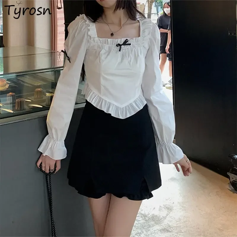 

Blouses Women Bow Long Sleeve Ruffles Korean Style Girls Streetwear Chic Cropped Tops Square Collar Slim Shirts Mujer Camisas