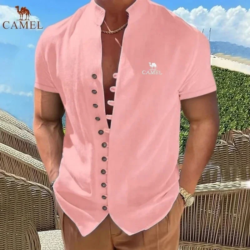 Novo bordado camelo retro 100% algodão camisa de manga curta verão moda masculina casual legal respirável camiseta topo