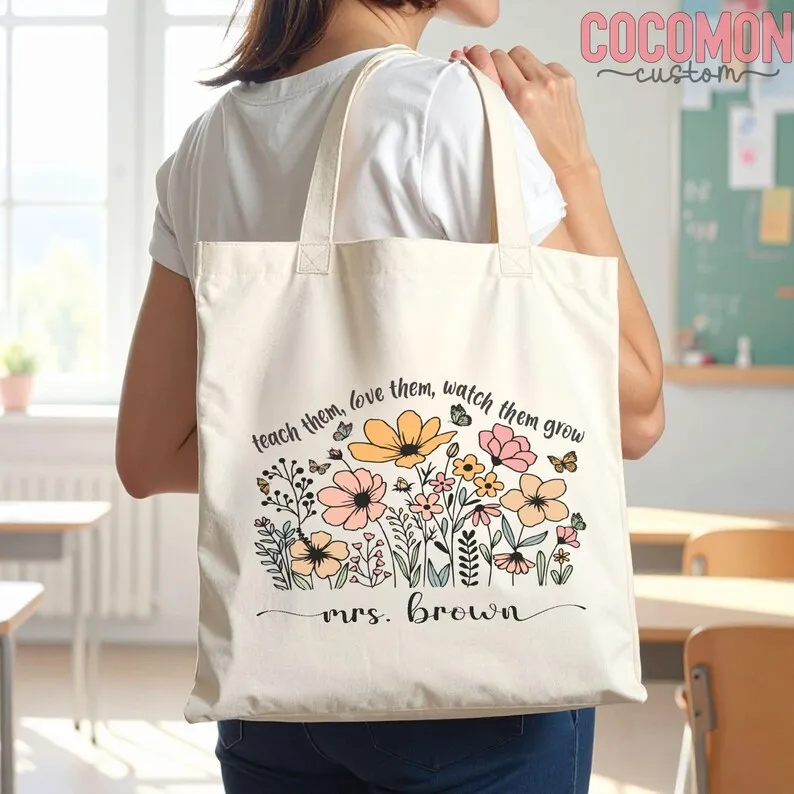 Sac fourre-tout personnalisé pour enseignant avec nom, cadeau de remerciement pour enseignant, sac en toile personnalisé pour les éducateurs, le personnel scolaire, cadeaux d'anniversaire