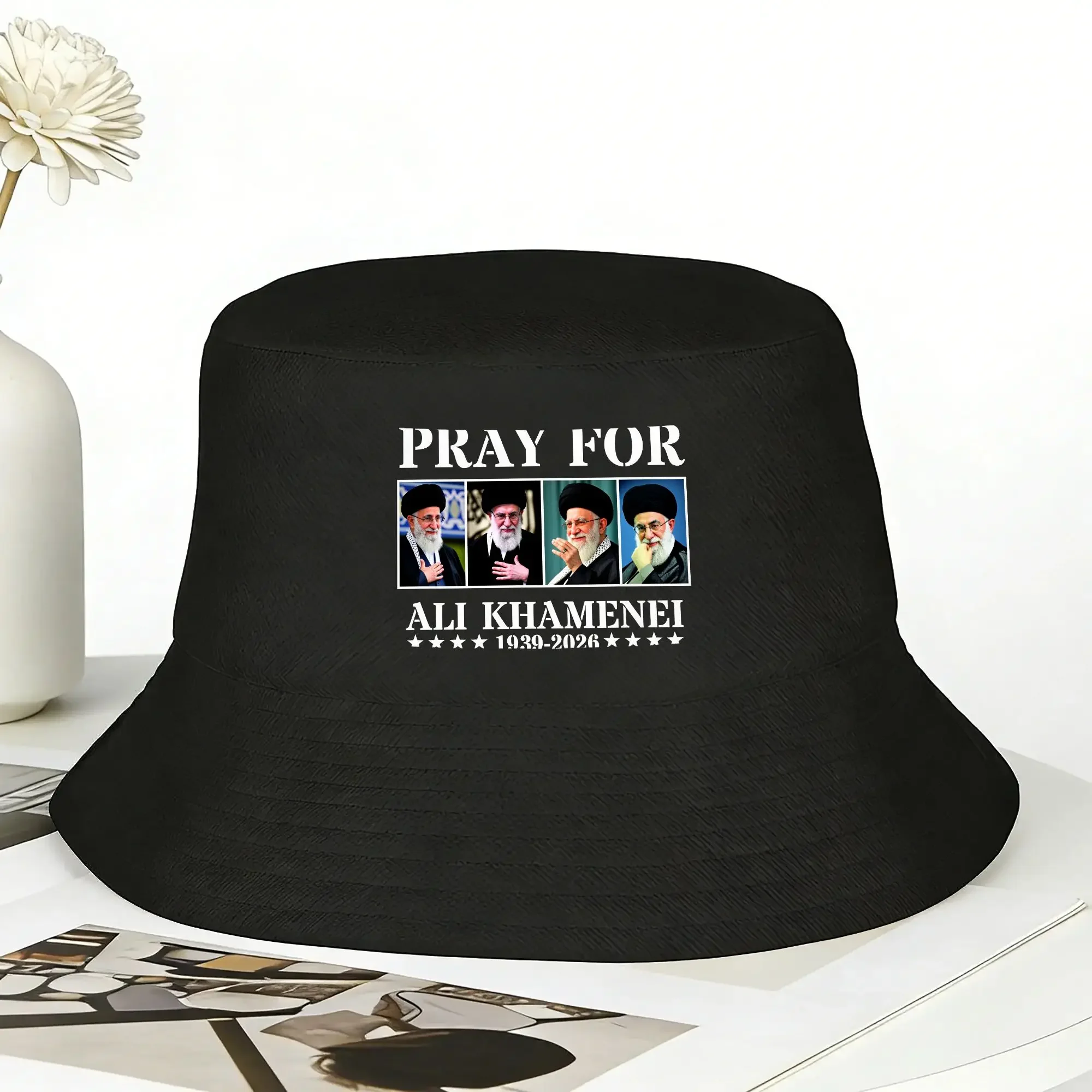 New Pray for Ali Khamenei Bucket Hat  Outdoor Fisherman Caps Personality Hunting Sun Hats For Men Women Fashion Design Cap
