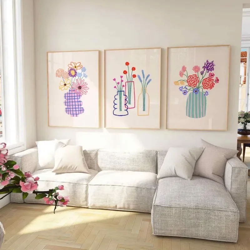 1pc frameless Canvas Painting Minimalist Still Life Abstract Botanical Flower Poster Whimsical Floral Vase Canvas Painting Wall
