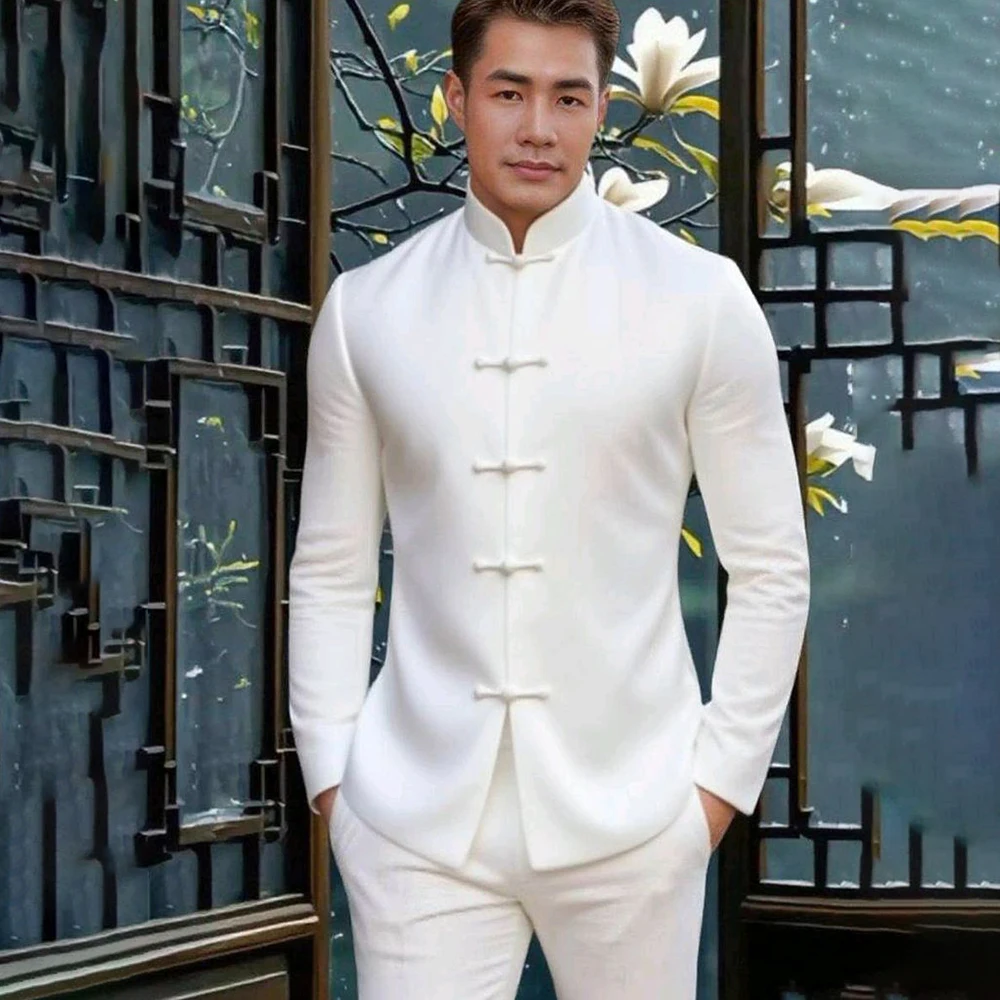 

Traditional Chinese Style Men Single Breasted Tops Pants Hanfu Tang Suit Slim Fit Elegant Uniform Oriental Fashion Clothing Sets