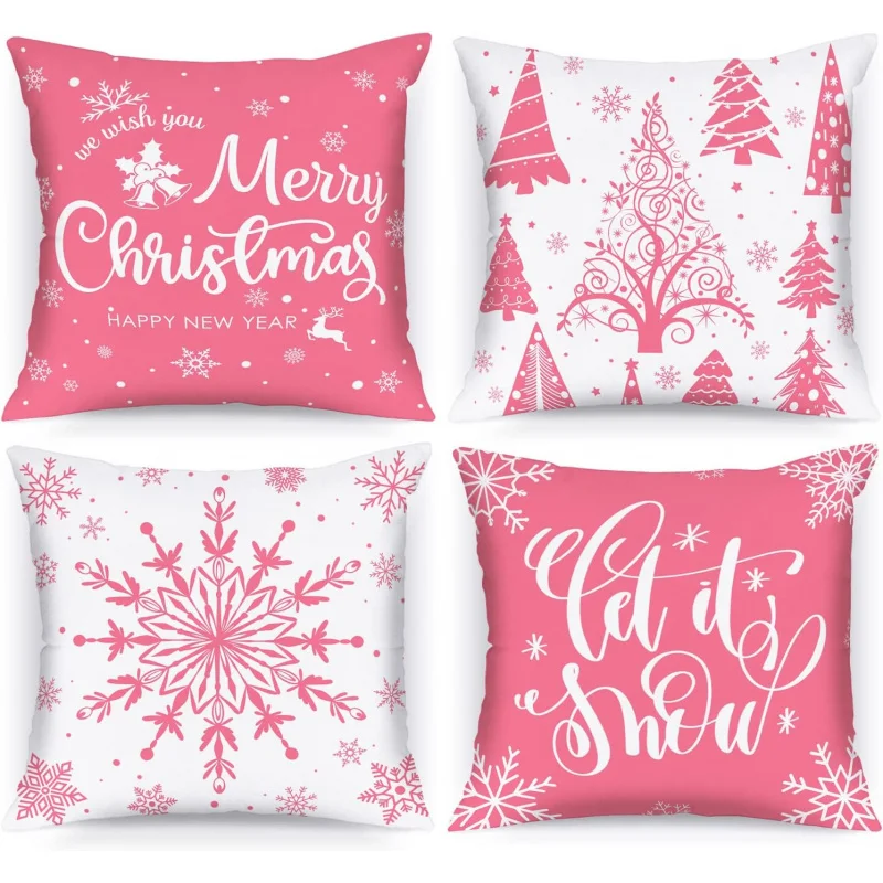 White and Pink Christmas Pillow Set 4-piece Decorative Cushion Suitable Set for Family Bedrooms Rooms Holiday Sofas