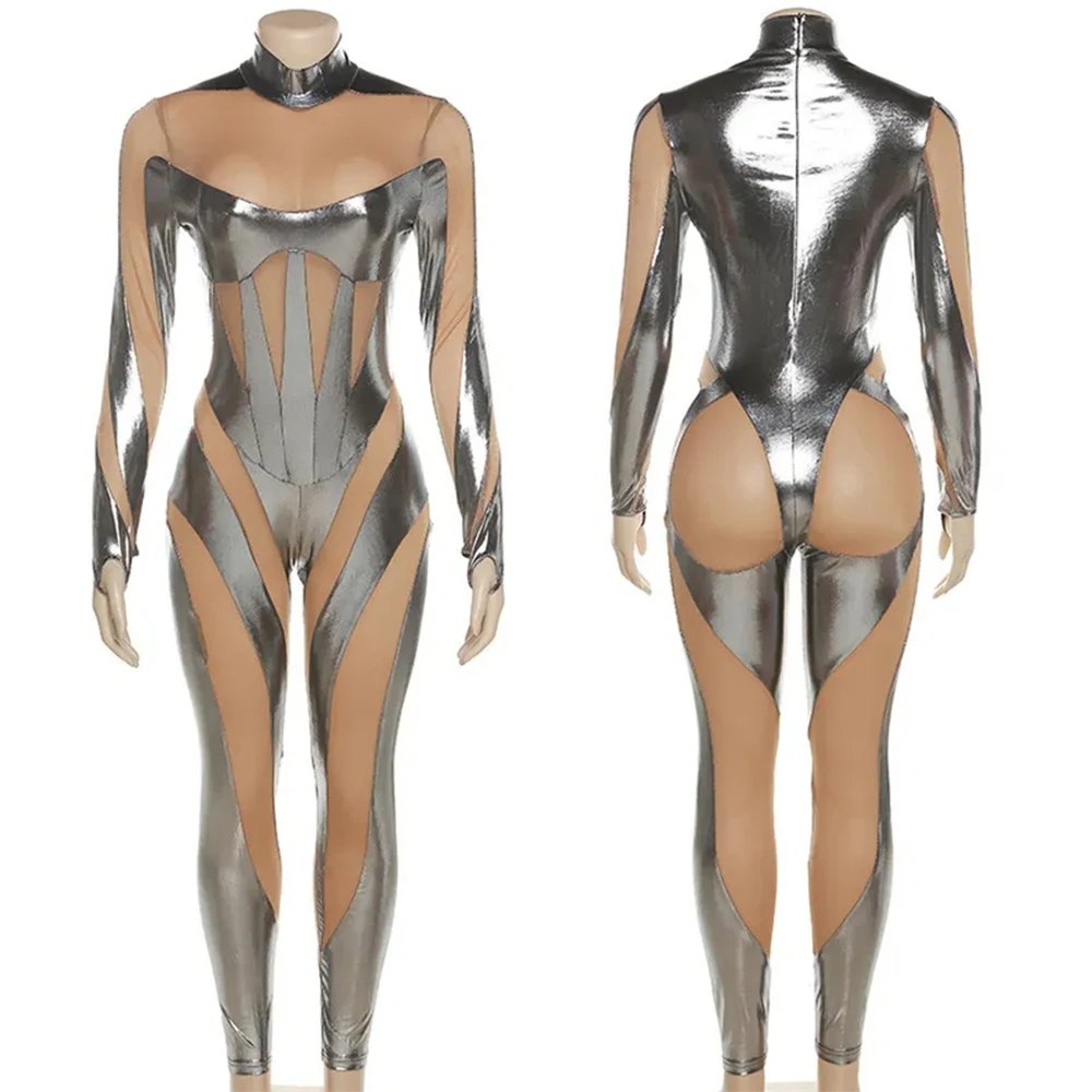 Sexy Queen Mesh Silver Strip Stitch Slim Jumpsuit For Women Girl Alien Robot Cosplay Party Zentai Bodysuit Halloween Costume