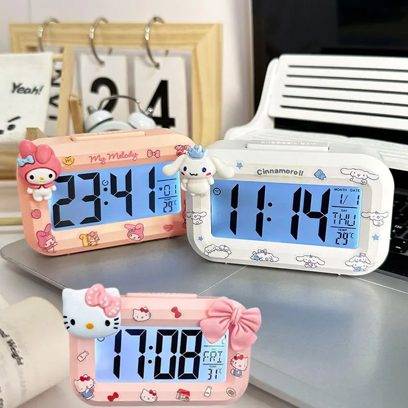 Cartoon Sanrio Alarm Clock Hellokitty Cinnamoroll Melody Noctilucent Alarms Clocks Desktop Ornament DIY Student Alarm Clocks