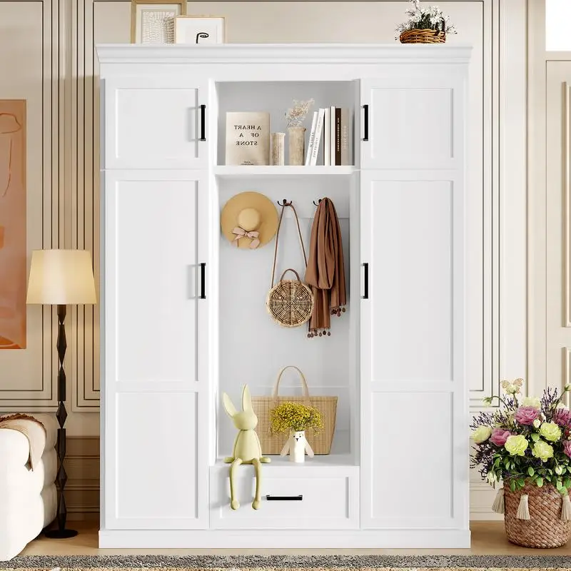 

85.2'' Hall Tree with Bench, 3 Hooks, Modern Entryway Storage Organizer Cabinet, 4 Doors, 1 Drawer, Adjustable Shelves for