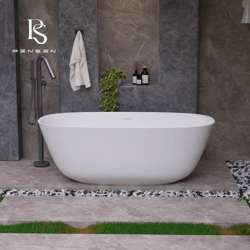 AuraOval Freestanding Bathtub Matte PMMA Artificial Stone Thin Edge Design For Home Hotel Bathroom