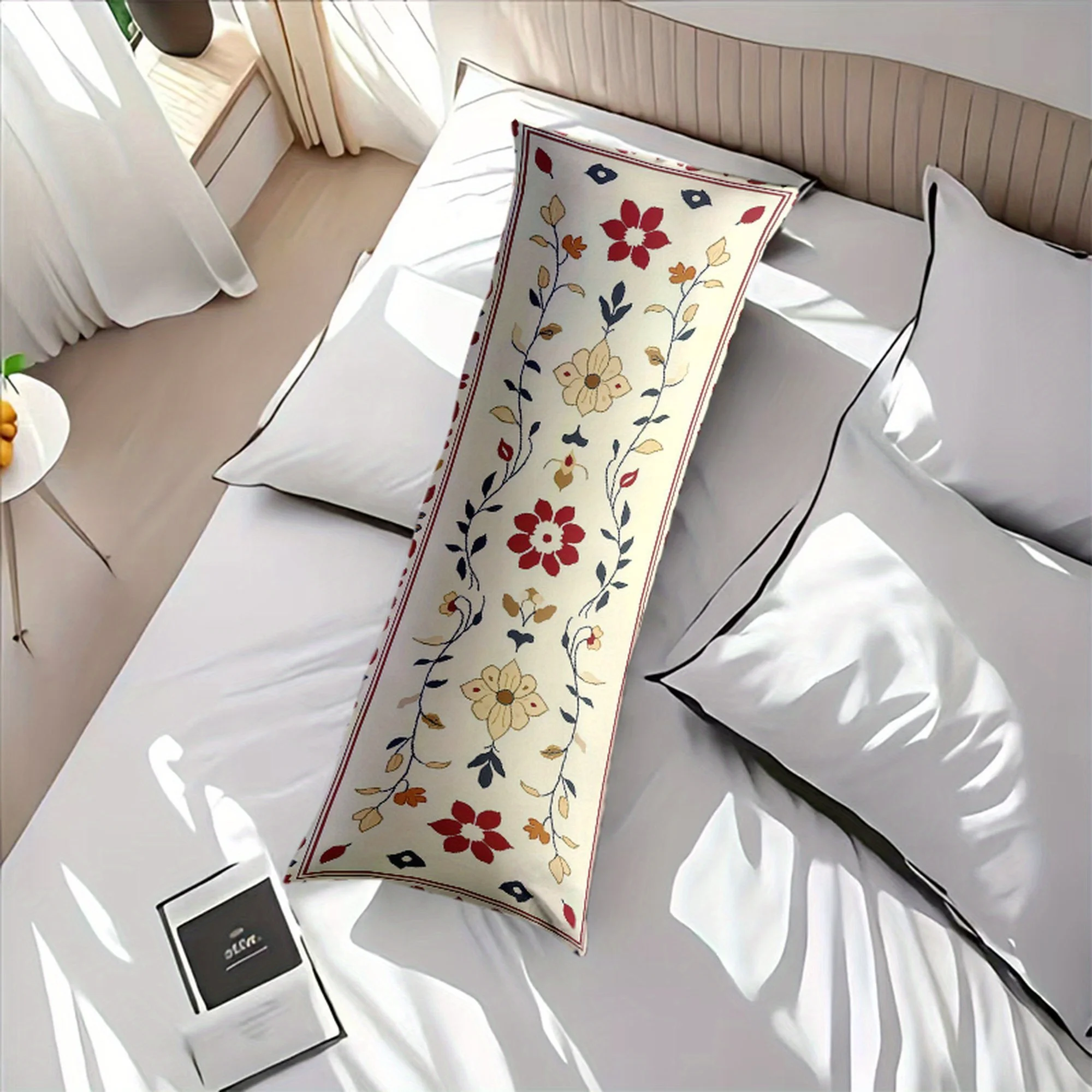 1pc Long Pillowcase, Floral Pattern, Creamy Red Beige Design, 20 X 54 Inches / 50 X 137 Cm, Suitable for Courtyard, Sofa, Living