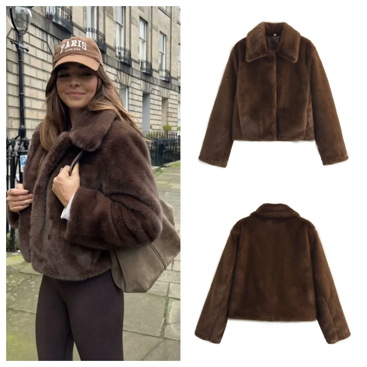 European and American style new fashion simple lapel zipper temperament versatile faux fur coat