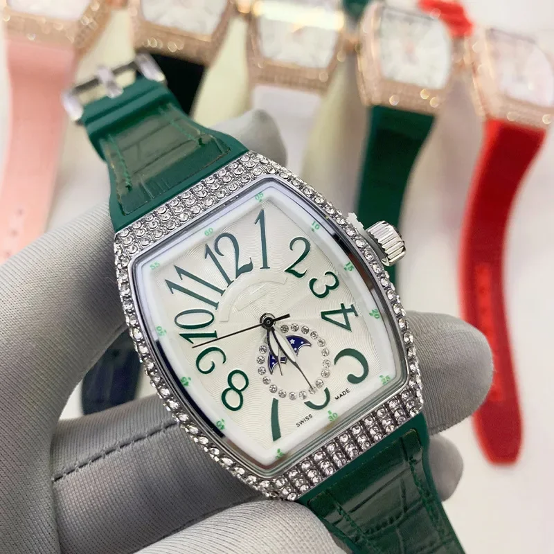 2025年ファッショナブルな大型メンズ腕時計、ダイヤモンドがちりばめられた防水レザーストラップ、バケット型レディース腕時計、ダイヤモンド象嵌入り