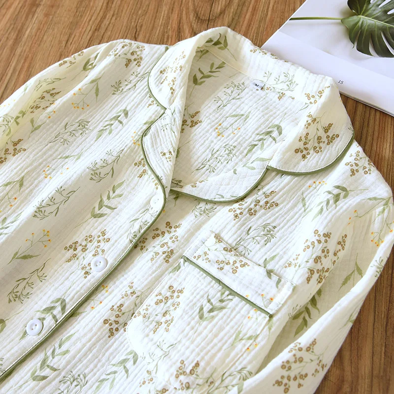 Conjunto de pijamas de manga comprida, 100% algodão, lapela estampada, roupa de dormir, roupa de casa, outono
