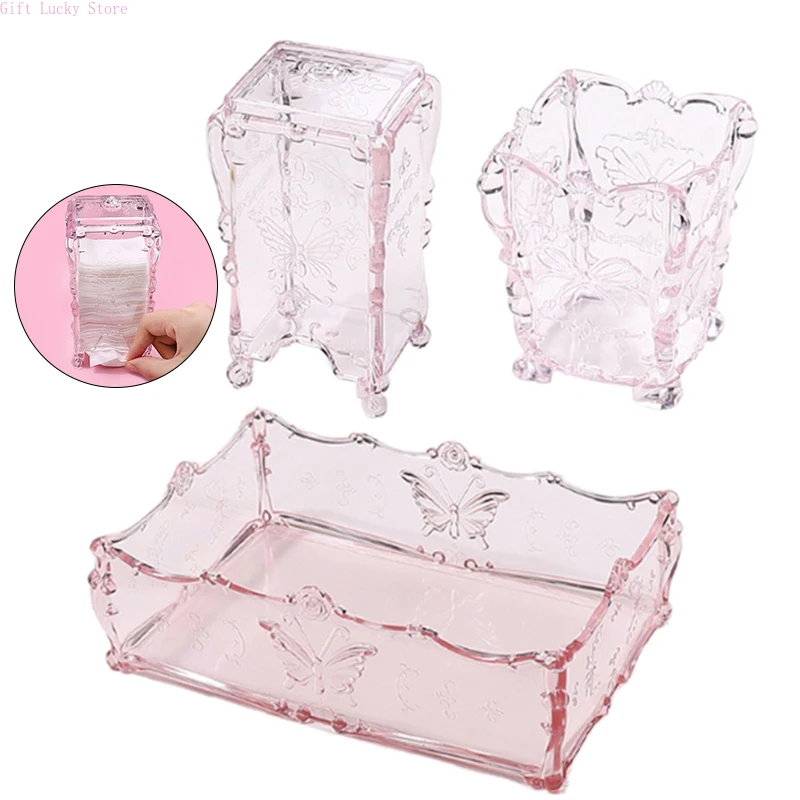 Cotton Pad Nails Storage Box Butterfly Transparent Pink Design Napkins Container Brush Organizer Makeup Case Nail Art Tools