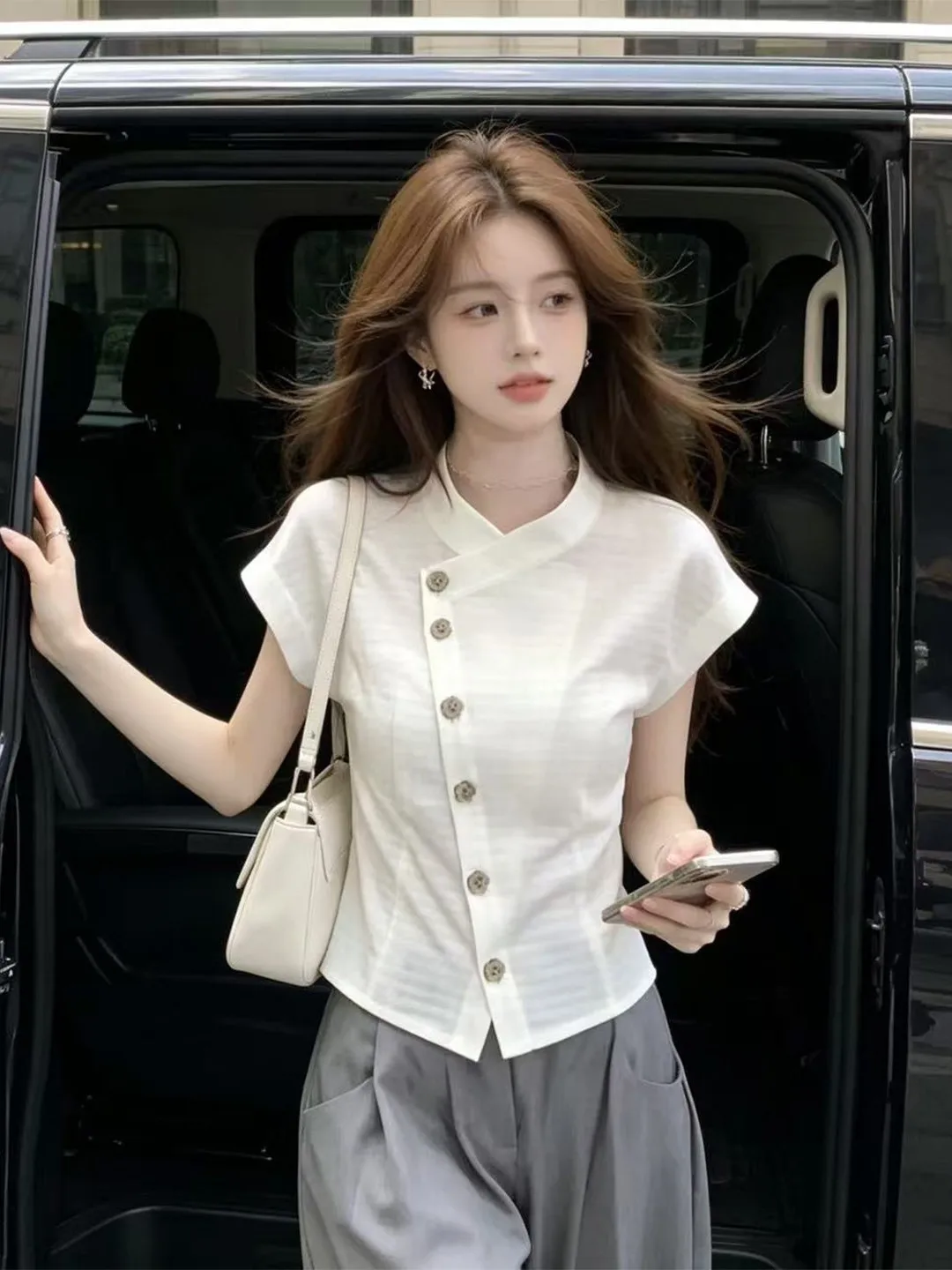 

Slim Fit White Short Sleeve Shirt Women's Summer Commute Korean Style Fashionable Top Breathable Cotton Polyester Blend