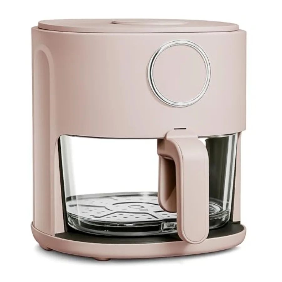 

Colorful 1200W 4Qt Air Fryer for kitchen use: glass basket, dusty rose color, dishwasher safe, 60min timer, 6 presets, temp con