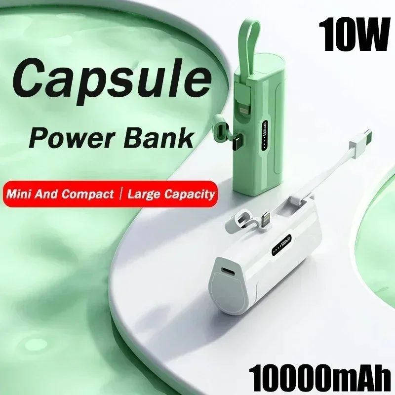 Cápsula de 10000mAh con Cable incorporado, fuente de alimentación móvil portátil de carga rápida, batería externa de emergencia para IPhone y Xiaomi tipo c