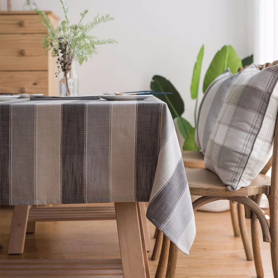 Cotton Linen Tablecloth,Nordic Style Grey Stripes Elegance Dust-Proof Table Cover,For Dinning Birthday Party Tabletop Decoration