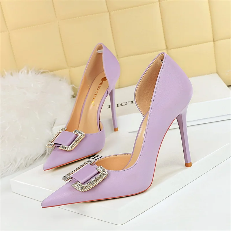 Square Button Hollow Rhinestones Decoration Women High Heel Shoes Fashion Wedding Pointed Toe Stiletto Party Single Shoes