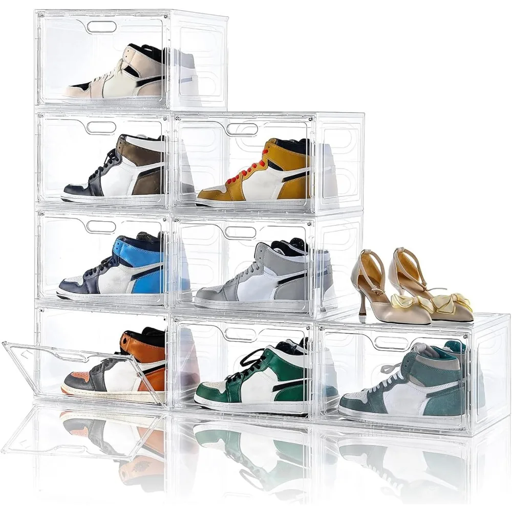 8 Pack Clear Plastic Shoe Boxes, Stackable Storage Organizer with Lids for Large Shoes, Fits US Size 13