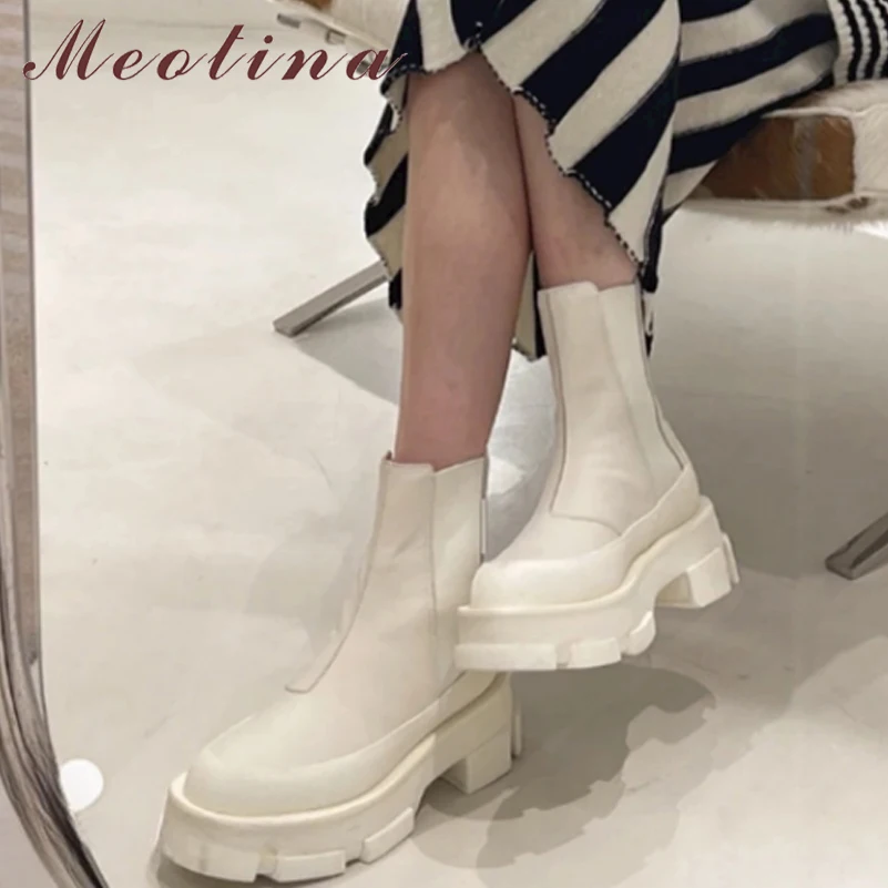 

Meotina Ins Design Women Chelsea Boots Genuine Leather Ankle Booties Platform Chunky Heel Short Boot Winter Autumn White Shoes