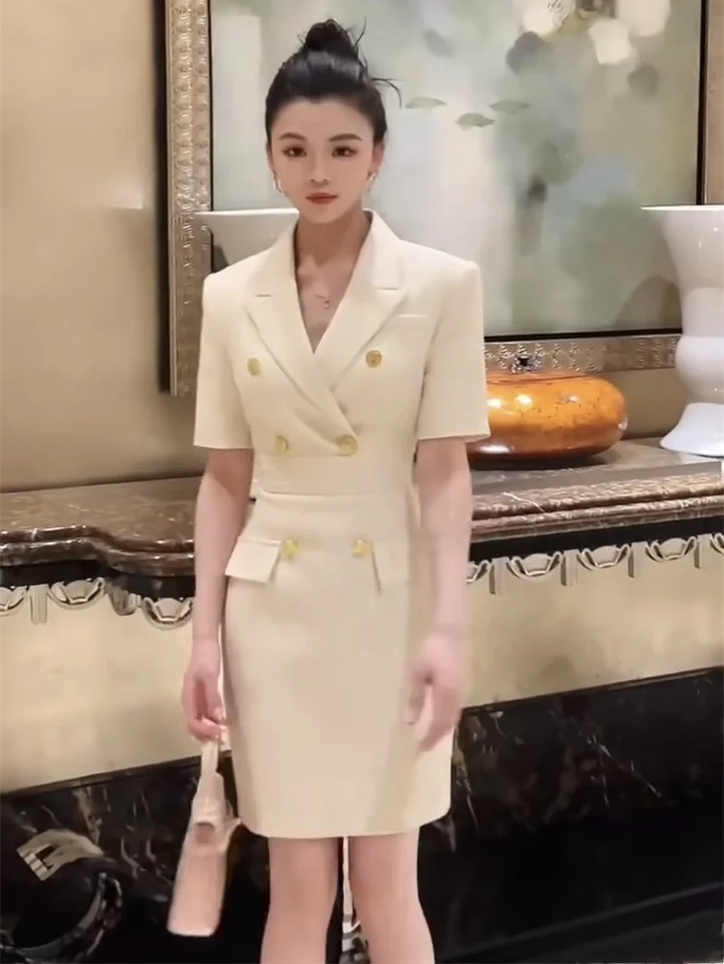 Ele Commuter Sle ort Sve 슈트 칼라 더블 버튼 허리 조임 여름 신상 여성 Dr Faionable Chic