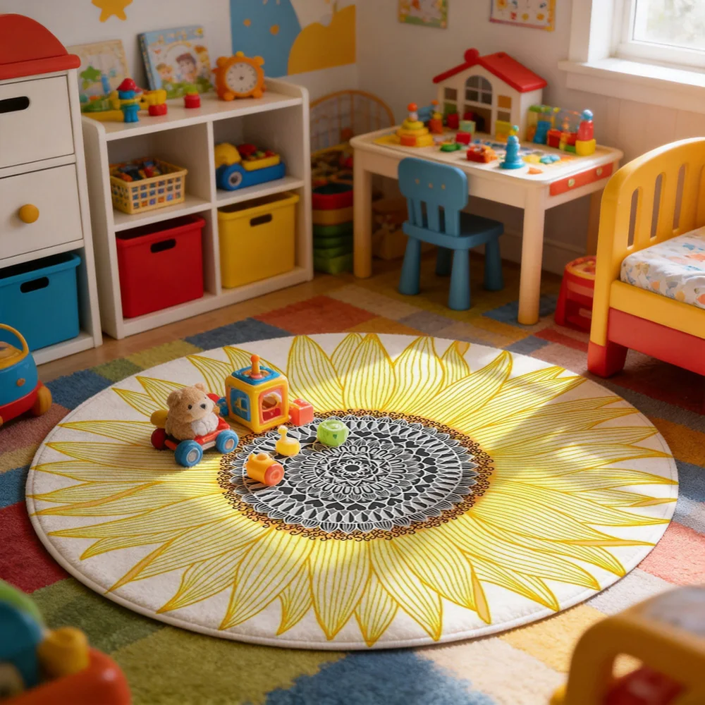 Large Round Sunflower Area Rug Yellow Floral Boho Living Room Mat for Boho Chic Home Decor