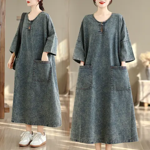 Loose Fit Casual Denim Dress Midi Length round Neck over Knee Ladies Vintage National Style Cotton Polyester Blend Skirt