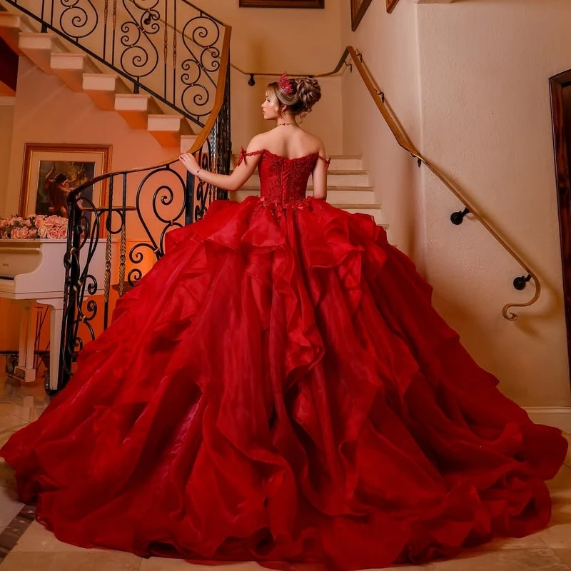 Red Glitter Quinceanera Dresses Off Shoulder Ball Gown Sweet 16 Dress Applique Beading Tiered Tull Party Birthday Vetidos 15 de