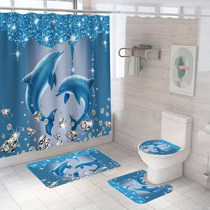 Sparkling Diamond Dolphin Print Shower Curtain Set with Hooks - Includes Non-Slip Bath Mat, U-Shaped Rug & Toilet Lid Cover - Wa