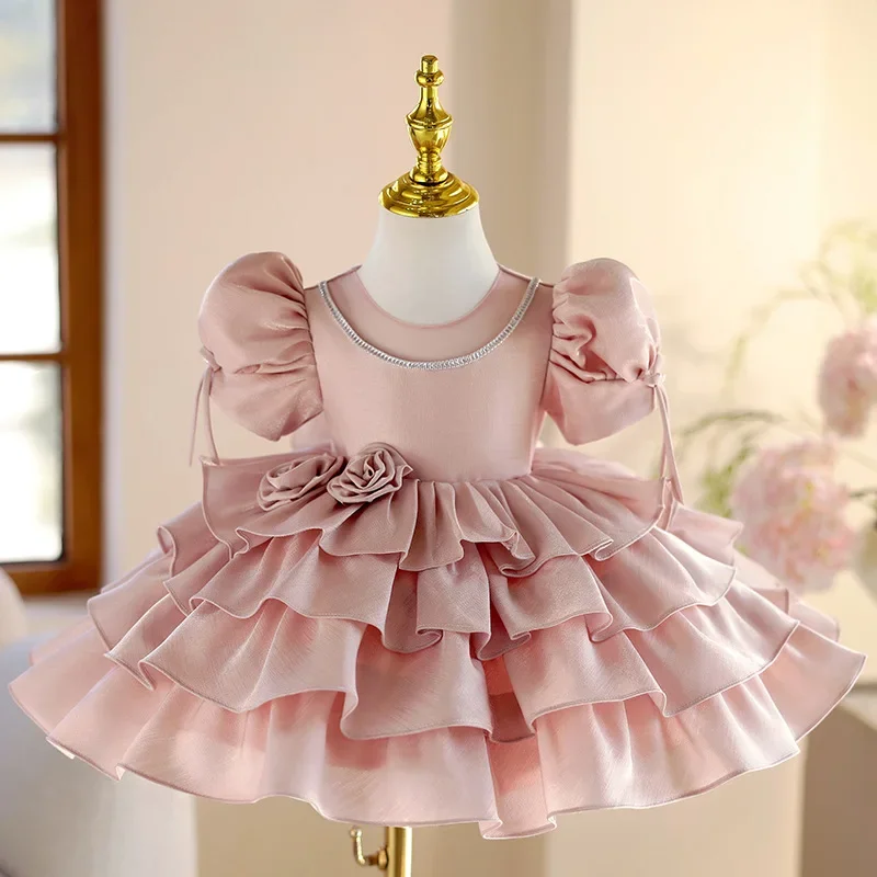 Summer Solid Color Sleeveless Round Neck Baby Girl Dress Cute Sweet Flower Ruffle Design Children Dresses Ball Gown For Party