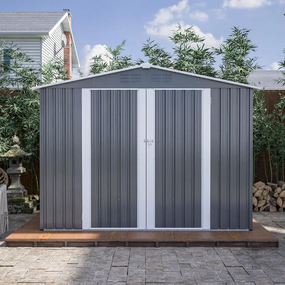 Outdoor Storage Shed, Steel Garden Sheds with 2 Lockable Door and Floor Foundation, Anti-Corrosion Weather Resistant Ove