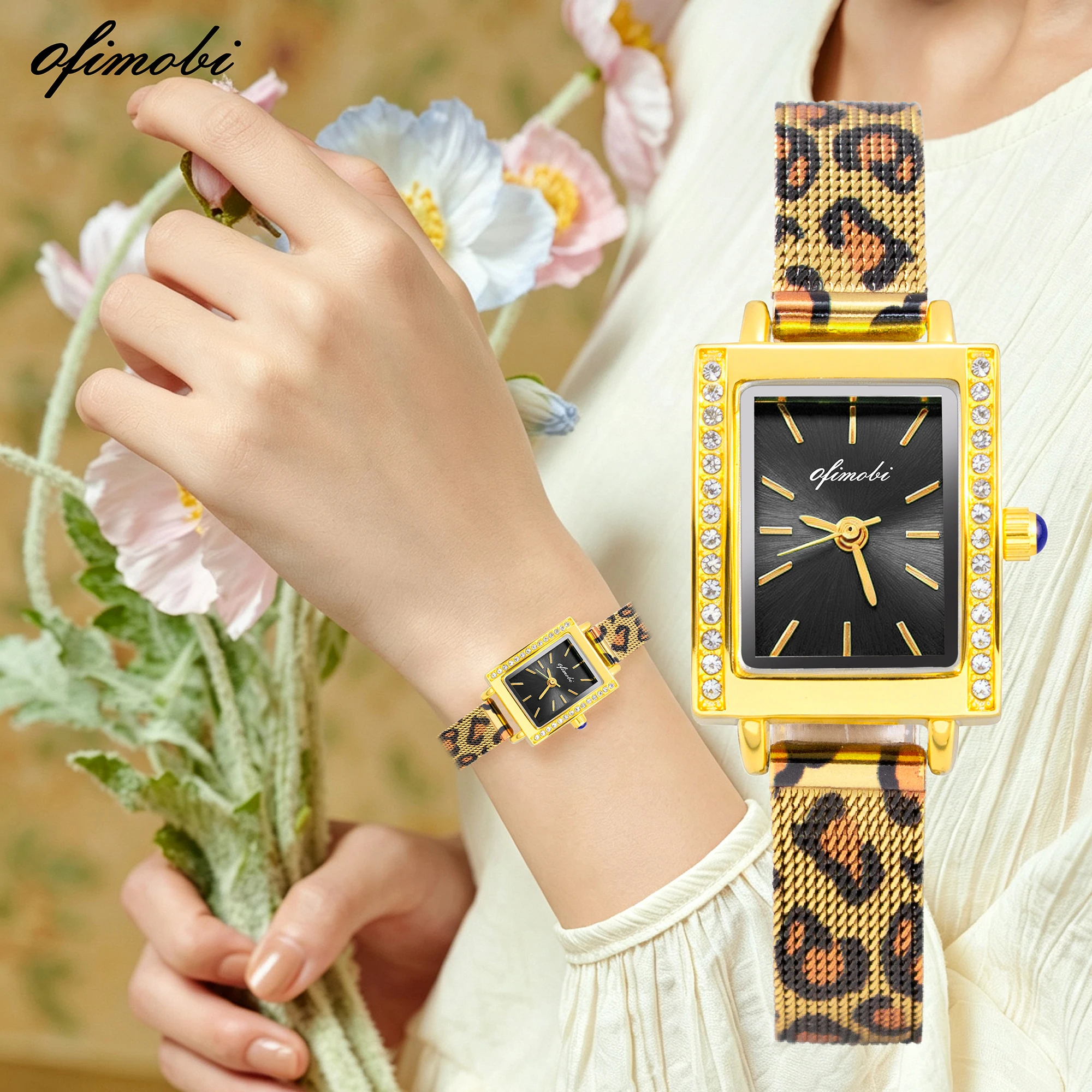 OFIMOBI Women Quartz Watch Square Dial Crystal Bezel Leopard-print Milanese strap Small Dial Daily Water Resistant Dress Watch