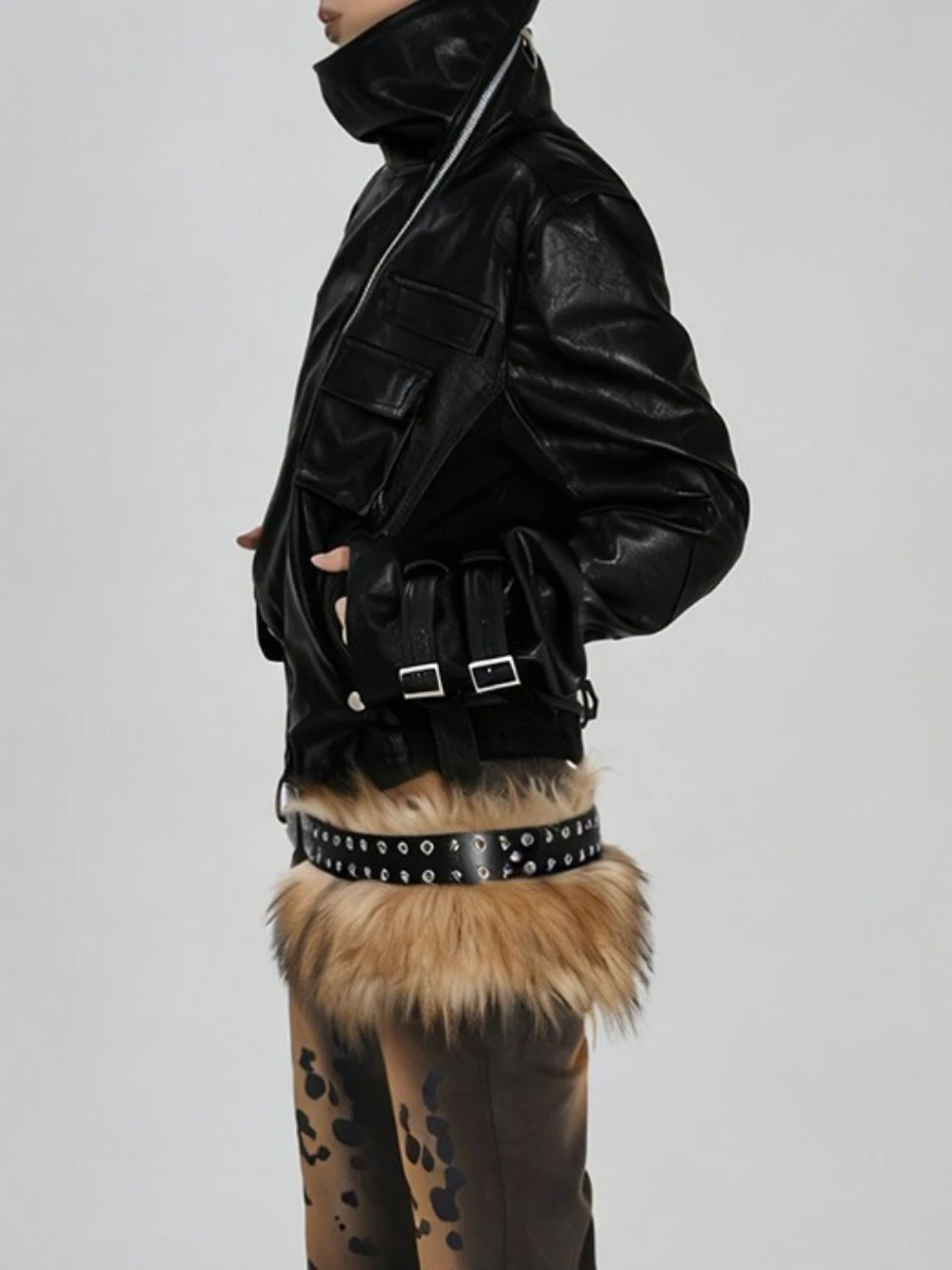 TWOTWINSTYLE الصلبة تقسم سستة موضة سترات جلدية للنساء عالية الرقبة طويلة الأكمام المرقعة جيب سترة الإناث جديد