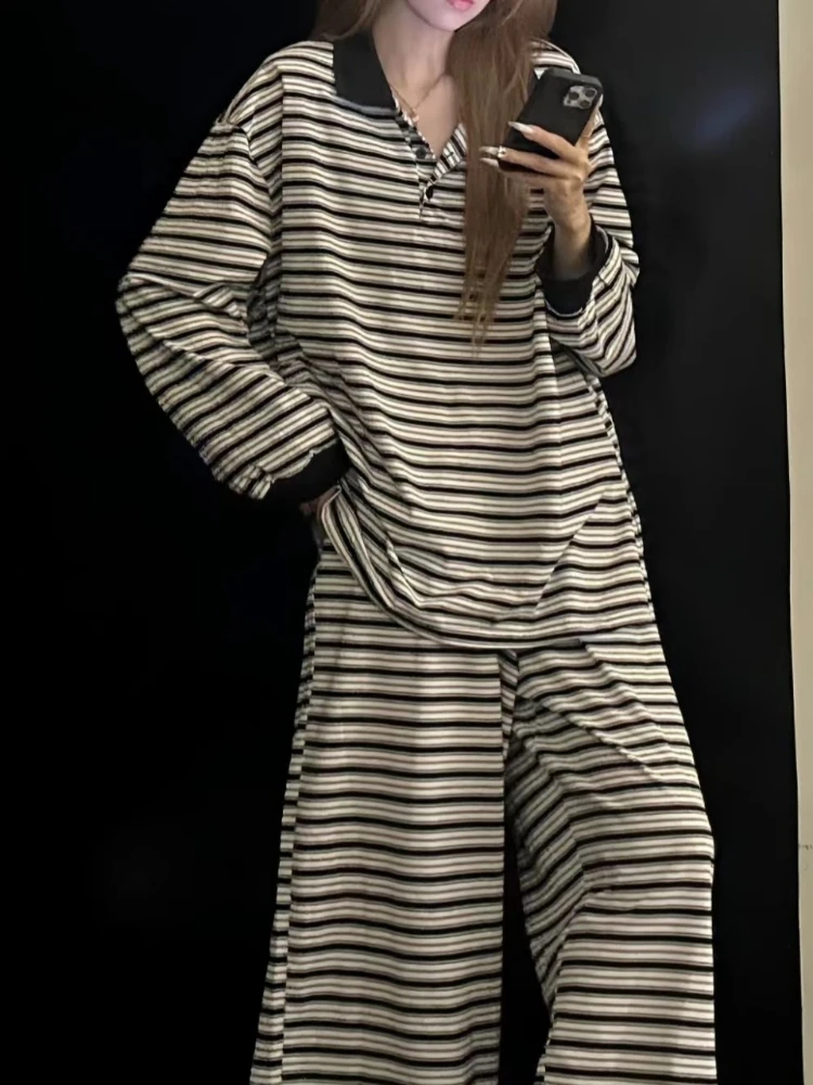 

Advanced light luxury women's POLO collar black striped pajama set Spring and autumn fashion suitable outdoor home wear Y2K