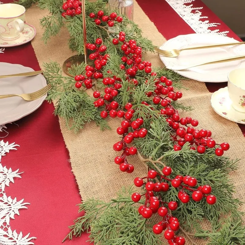 100/5pcs Christmas Artificial Red Berries Stem Ornament Red Holly Berry Stamen Fake Flowers Plants for New Year Party Home Decor