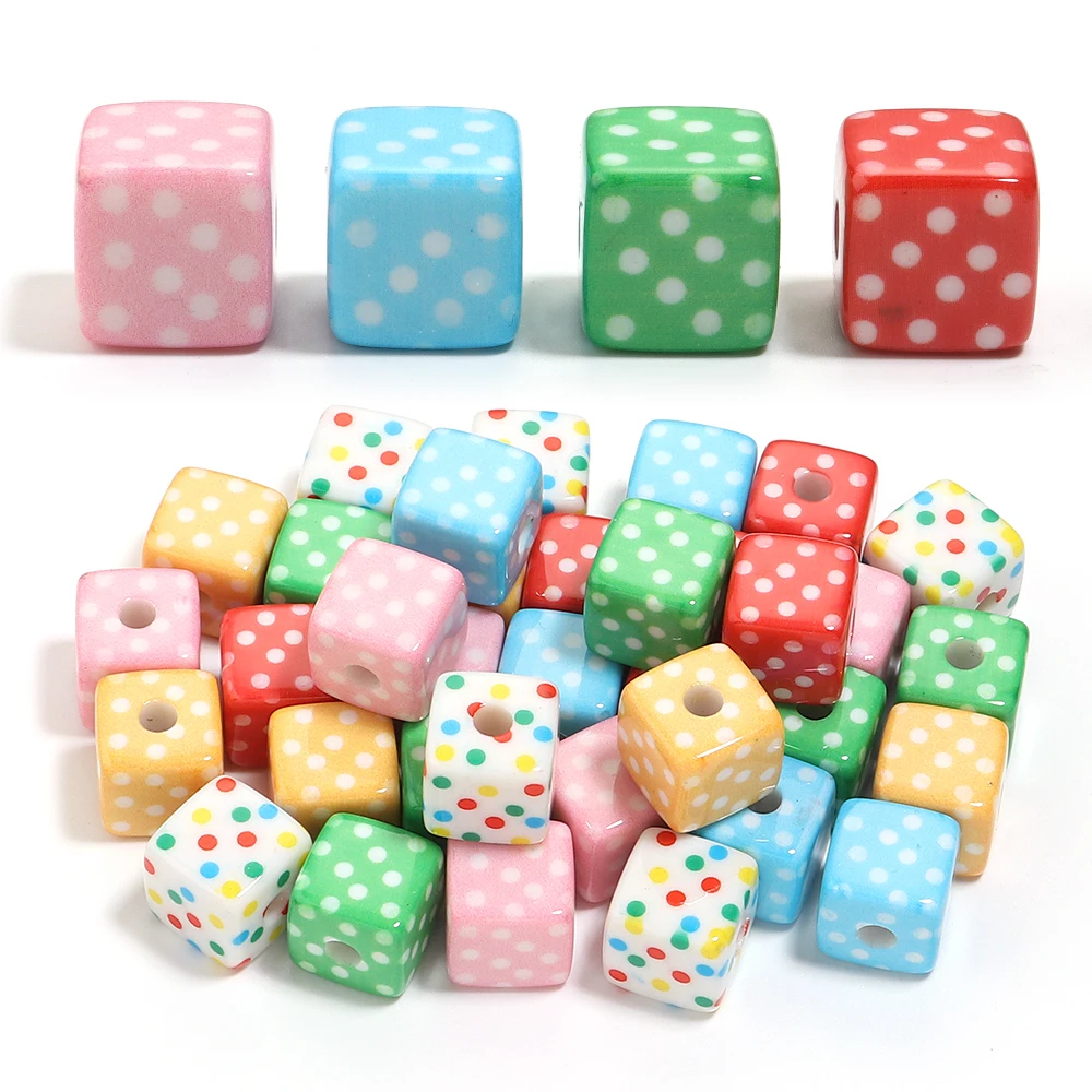 

10Pcs 14mm Acrylic Square Beads Polka Dot Printed Beads Loose Spacer Beads for Craft Making DIY Bracelet Necklace Accessories