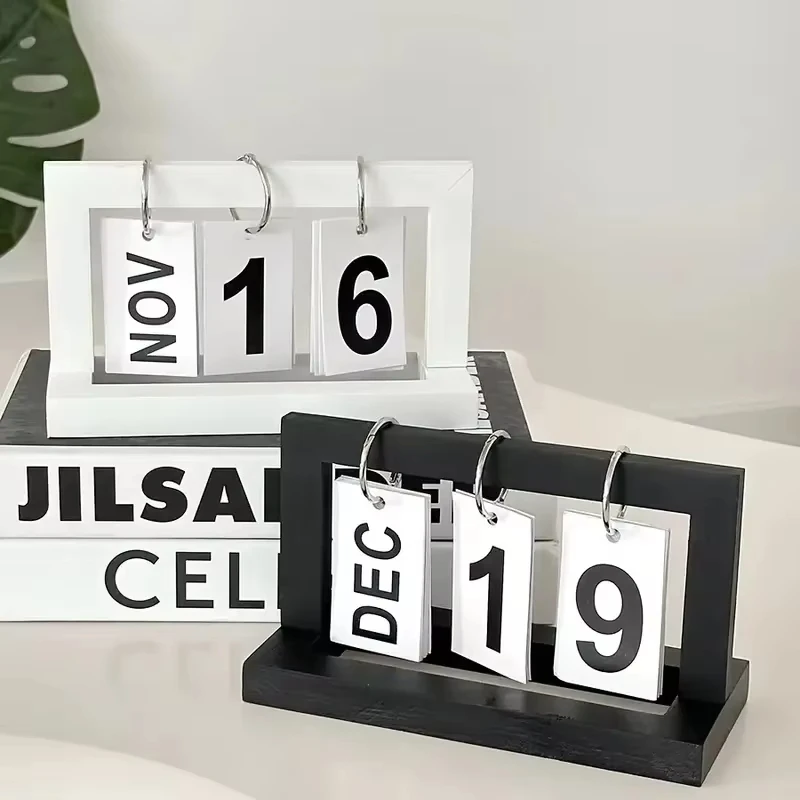 Vintage Style Perpetual Calendar Reusable and Foldable Wooden Flip Endless Calendar for Office Household and Desk Folding