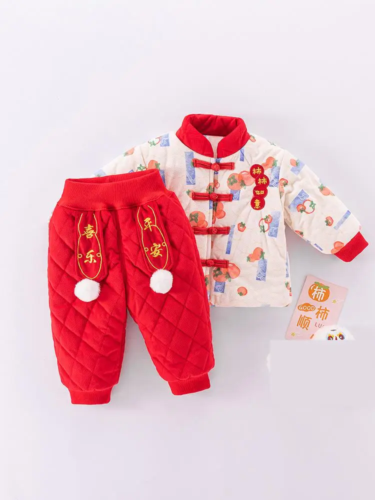 Winter Velvet Chinese Style Two-piece Set For One Year Old Male And Female Babies, New Celebration Worship  Clothes, Baby Outfit