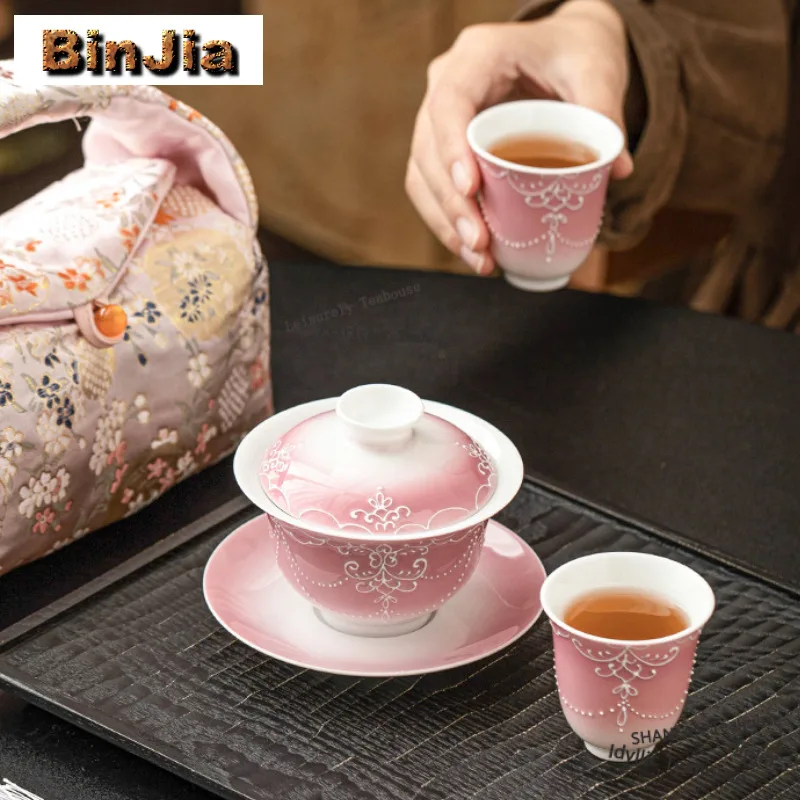 Gradient Pink Pile Carved Bead Curtain Travel Tea Set Elegant 1 Bowl 2 Cups Tea Maker Organizer Portable Outdoor Tote Bag Gifts
