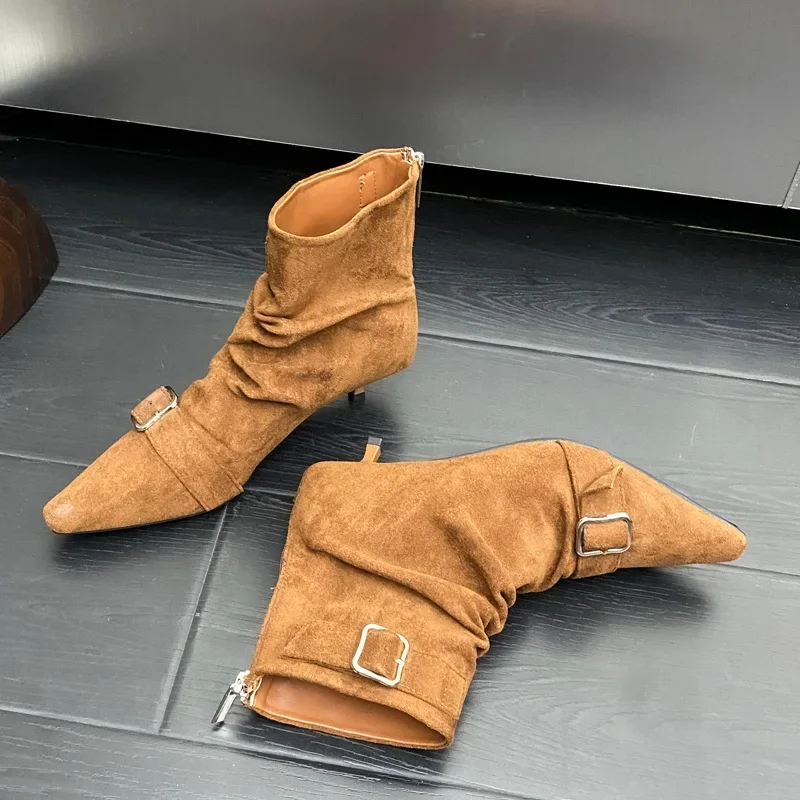 

Aneikeh Punk Design Belt Buckle Thin Low Heels Ankle Boots Women Fashion Pointed Toe Zipper Banquet Party Female Shoes