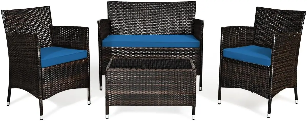 

Goplus 4-Piece Rattan Patio Set, Outdoor/Indoor Wicker Conversation Set for Pool, Backyard, Lawn, Wicker Chairs and Sofa with So