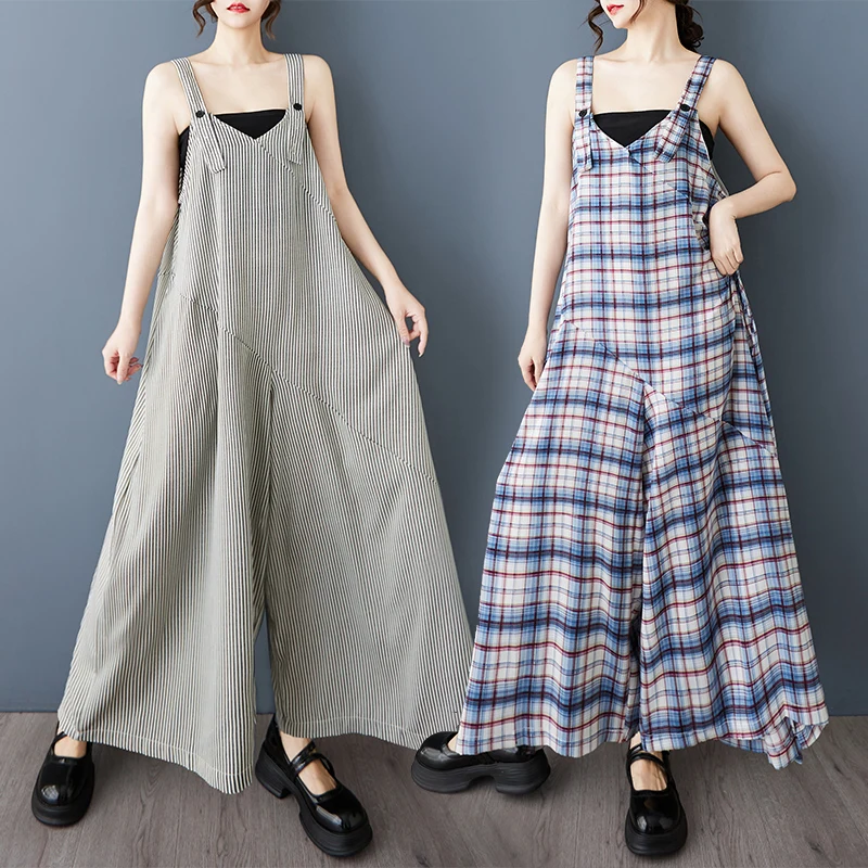 

Retro Plaid One-Piece Wide Leg Pants Women's Summer Loose plus Size Wide Leg Trousers Trendy Skirt Pants High Waist Long Pants